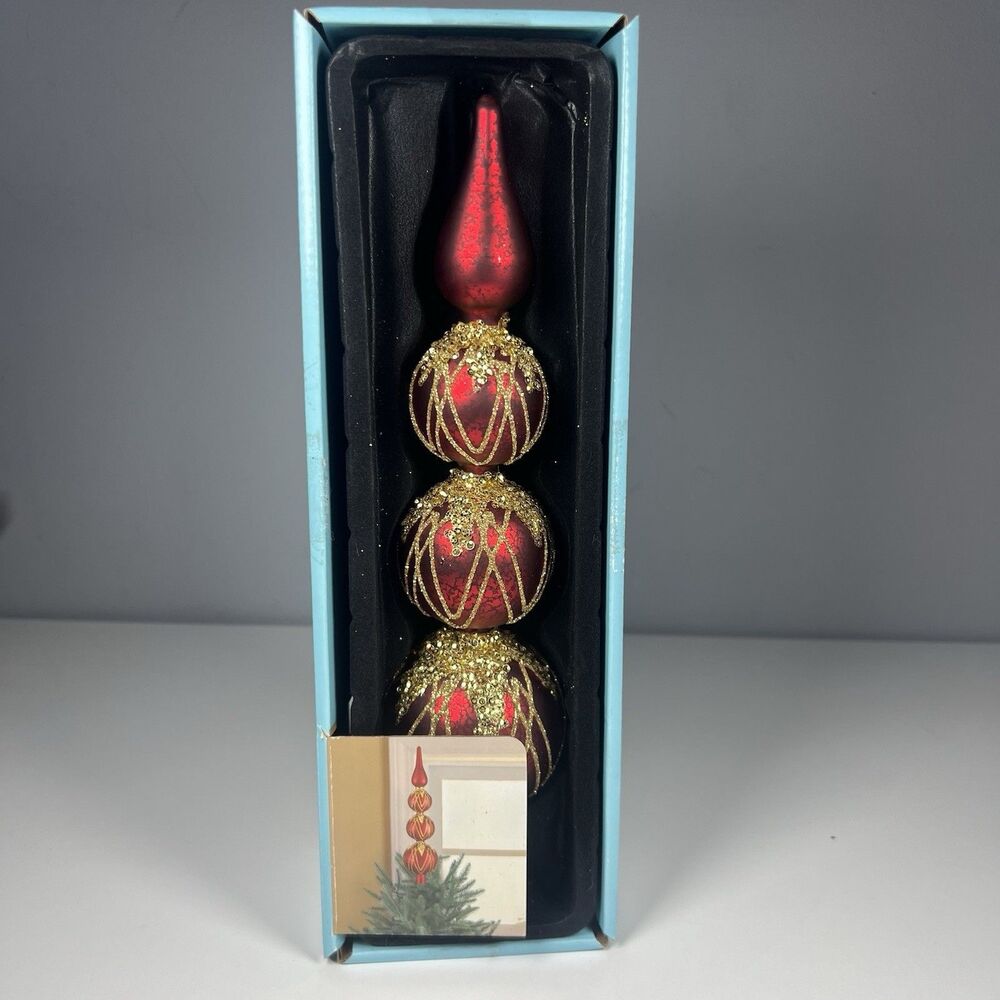 Martha Stewart Living 12" Red Glass Gold Glitter 4-Tier Tree Topper w/ Box EUC